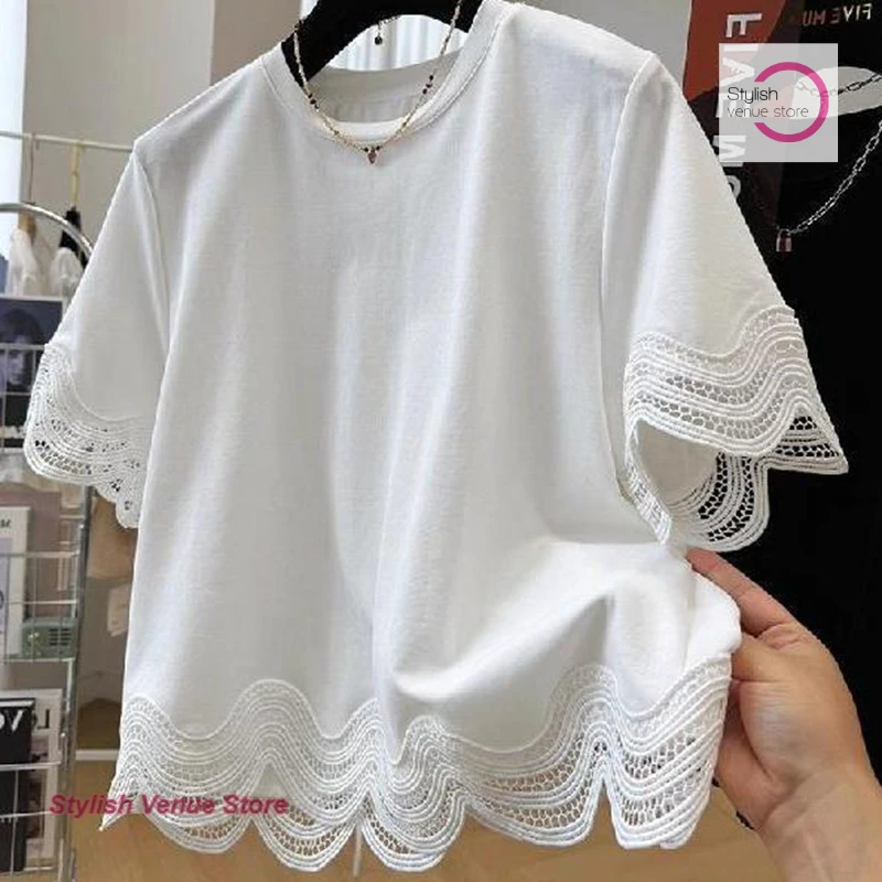 French Plus Size Fashion Design Lace Stitching Short Sleeve T-Shirt Women's Summer New Casual Loose Slim Joker Women Clothes