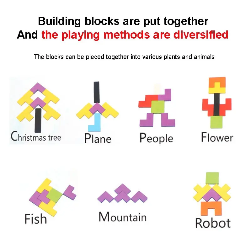 1 مجموعة كتل خشبية لغز ألعاب تحفيز الدماغ Tangram بانوراما الذكاء الملونة ثلاثية الأبعاد كتل روسية مونتيسوري التعليمية
