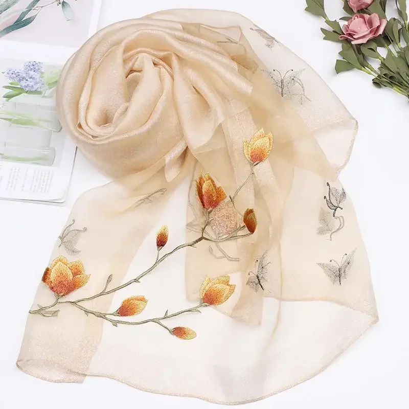 

Real Silk Scarf With Embroidered Flower Shawl Women Hijab Elegant Long Wool Scarves Summer Solid Color Headscarf E5761