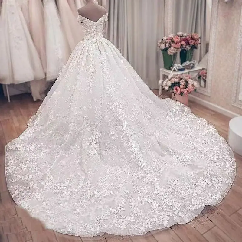 Vestidos de casamento com renda fora do ombro para mulheres, flores 3D, trem da corte, vestidos de noiva, cristal luxuoso, 2024