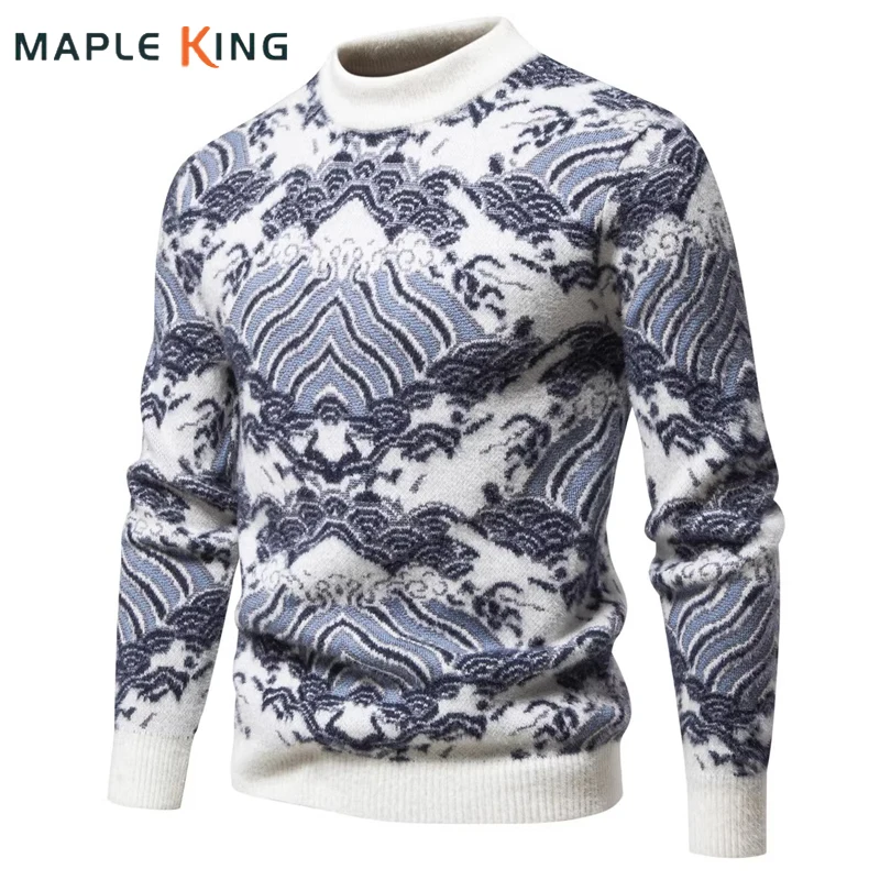 Vintage Mohair Jacquard Knitted Sweater Coats for Men Mode Homme 2024 Chinese Style Elegant Printed Jersey Mens Pullover Hombre