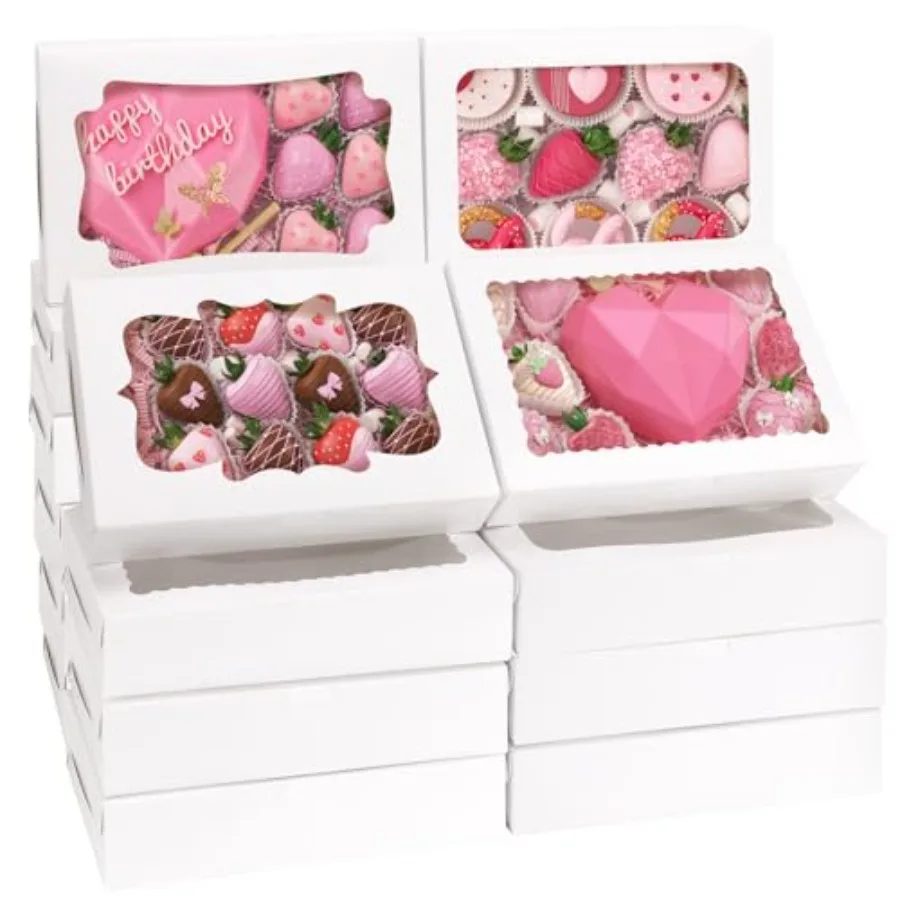 Cajas para Galletas con Ventana, 12x8x2.5 Pulgadas, 4 Estilos de Cajas de Panadería, Grandes Contenedores Blancos para Dulces, Fresas con Chocolate, Pasteles, etc.