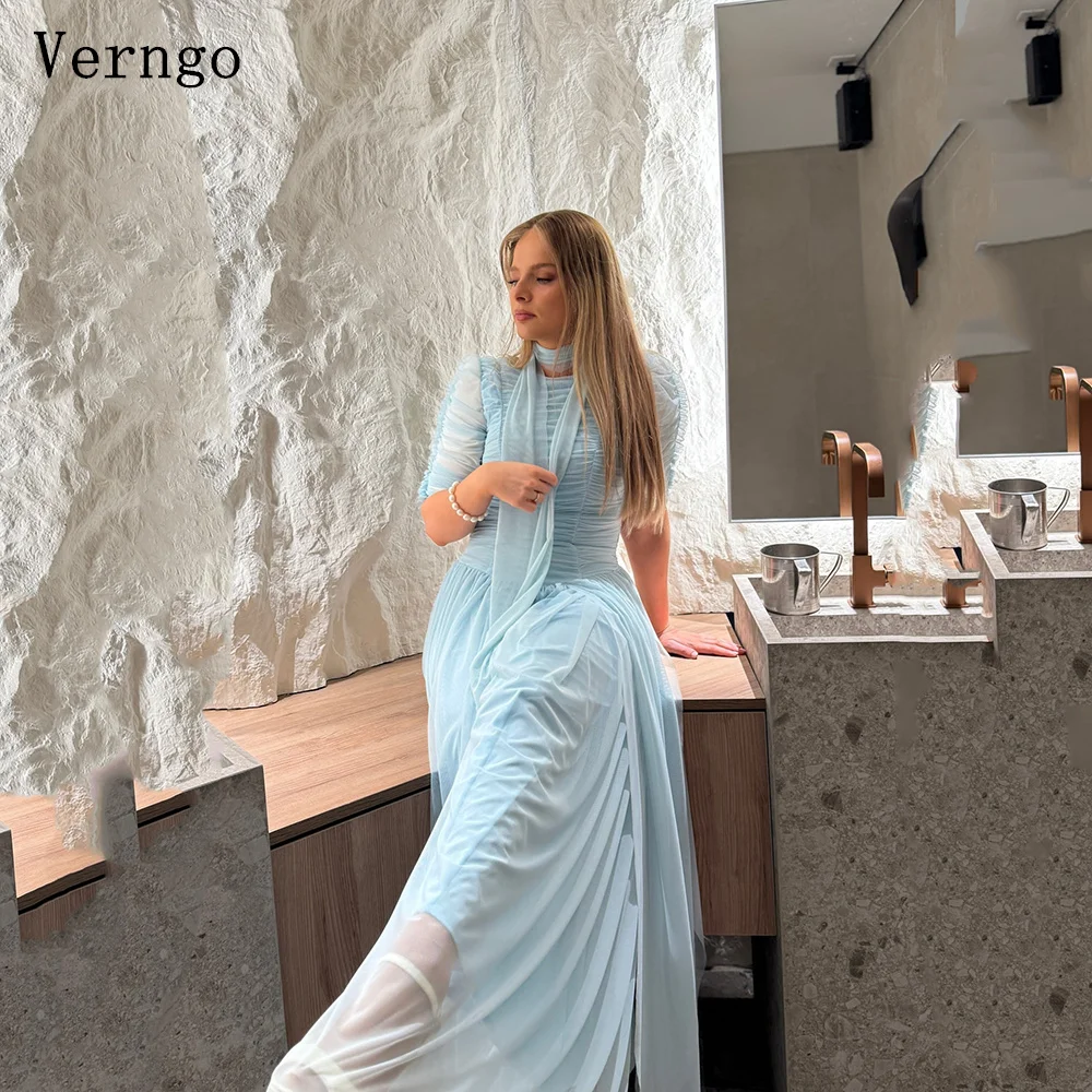 

Verngo Blue Evening Dress O Neck Half Sleeves A Line Formal Occasion Dresses Elegant Modest Prom Gowns Customized