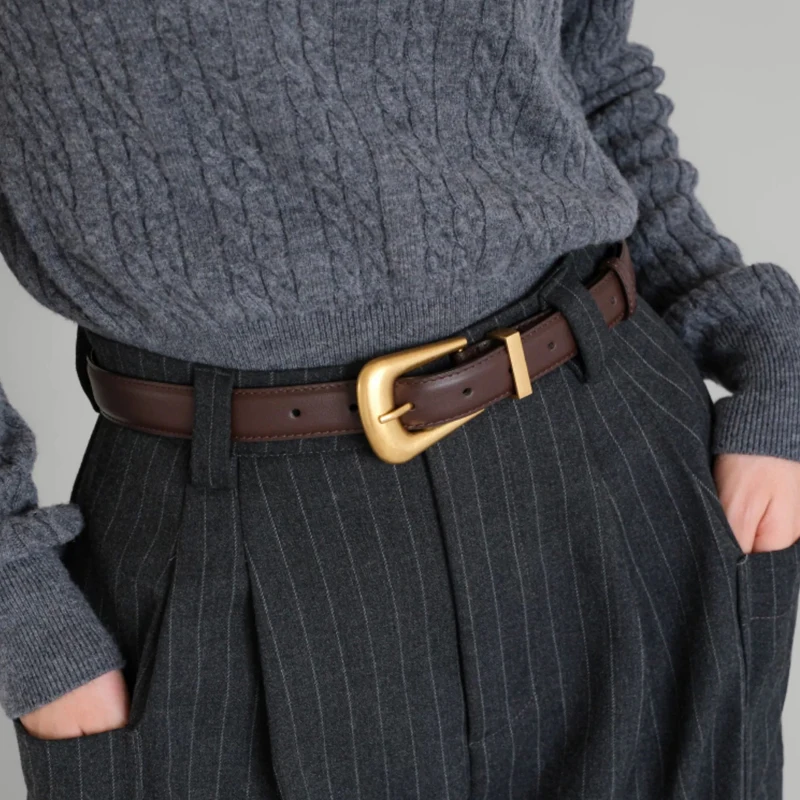 Luxury Western Belt for Women Genuine Leather Skinny Belts Gold/Silver Metal Buckle Waistband with Jeans Dresses