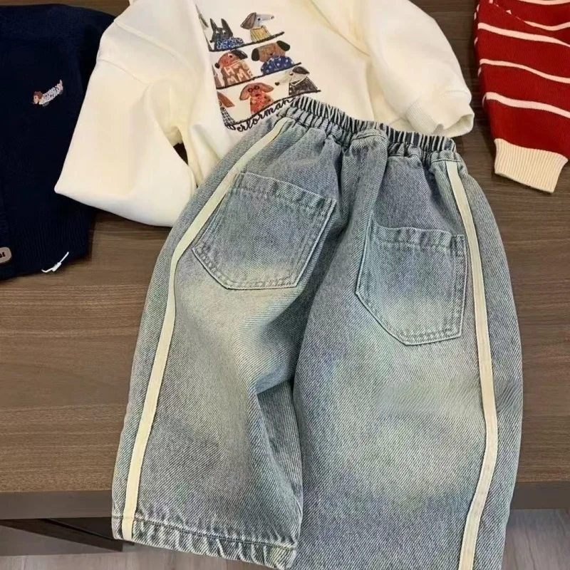 

New Spring Boys Children's Denim Overalls Autumn Loose Casual Pants Girls Wide Leg Jeans Kids Straight Denim Trousers 90-140CM