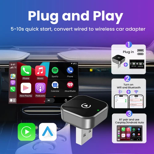 Imagen 2 del producto Adaptador inalámbrico Carplay Android Auto 2 en 1 Dongle inteligente 2025 5G WIFI para iphone teléfono Android para Volvo Benz Mg Kia Chery Opel