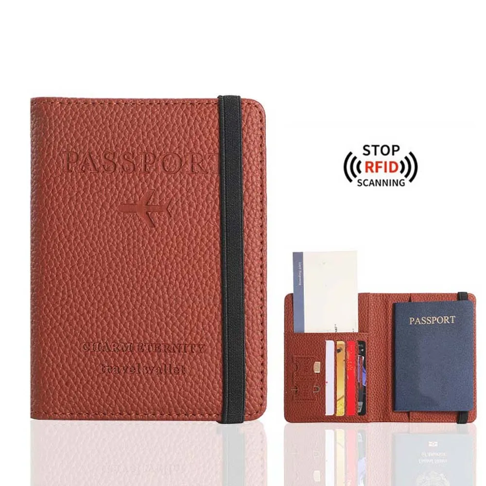 Large Capacity RFID Passport Holder Handbag Elastic Strap Credential Storage Bag Litchi Grain Anti-Splash Water