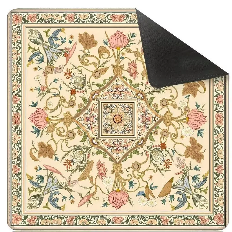 Square Mahjong Table Mat Retro Baroque Curly Grass Pattern Printed Anti slip Noise Reduction Game Mat Portable Desktop Decor