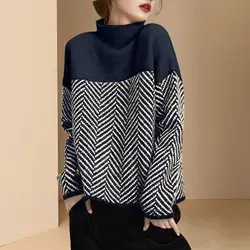 Fashion Turtleneck Spliced All-match Striped Sweater Women's Clothing 2022 Autumn New Casual Pullovers Loose Korean Tops