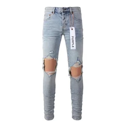 Paarse Merk Jeans Mode Hoge Kwaliteit Lichtblauwe Kniegaten, Slim Fit, Mode, Hoge Kwaliteit Reparatie 28-40 Maat Broek