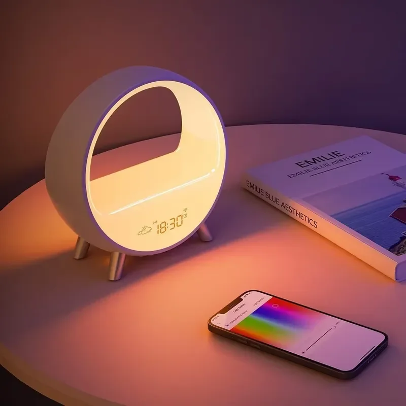 Modern LED simulated sunset wake-up light, smart alarm clock, seven-color ambient light, touch control, wireless speaker