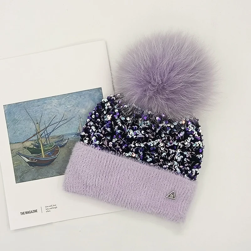 

Модные зимние теплые шапки с блестками, норковые кашемировые вязаные шапки для женщин, защита ушей, женские шапки, кепка высокого качества y2k