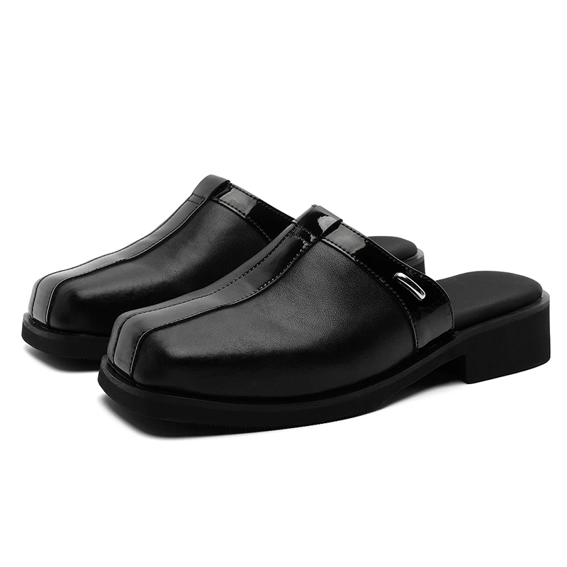 Platform Half Shoes For Men Leather Backless Semi-Drag Casual Shoes Men's Loafers Slippers Mules Open-back Sandals Slip-On Flats