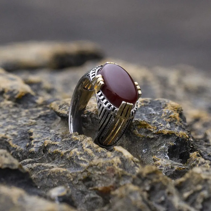 Wholesale Ring Men Silver Muslim in 925 Sterling Stylish Red Natural Agate Stone Band Ring