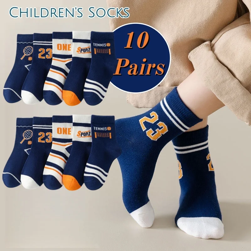 10 paires de chaussettes de sport pour garçons, chaussettes en coton doux pour enfants, chaussettes mi-mollet avec impression de numéros de tennis, respirantes, chaussettes quotidiennes pour l'école