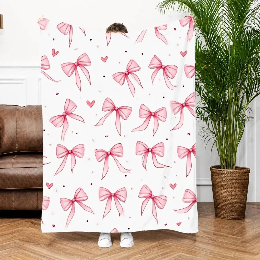 1pc Warm Premium Flannel Blanket with Delicate Pink Bow Pattern on Soft White Background, Romantic All-Season Decorative Throw Gift, 280GSM Perfect as Home Decoration & Holiday Gift Choice.