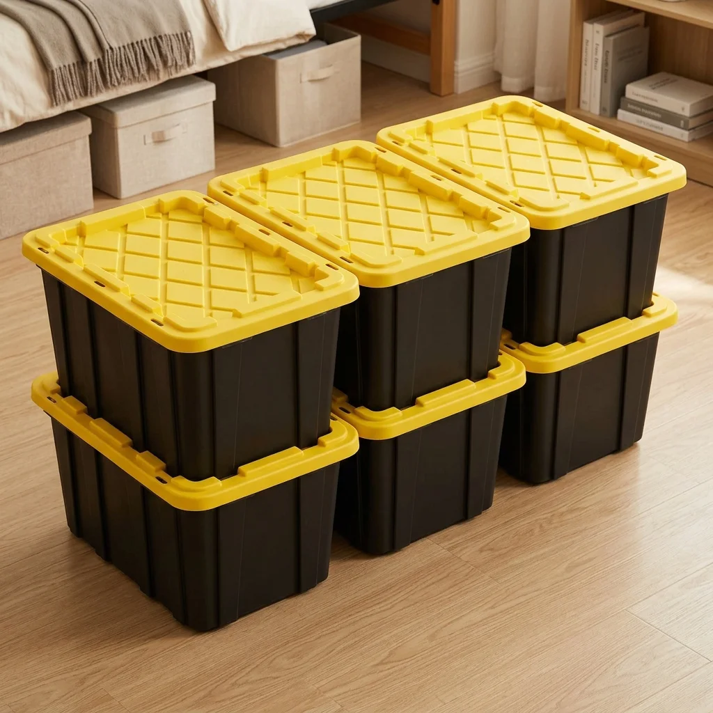 6‑Pack 27 Gallon Heavy‑Duty Black & Yellow Storage Totes, Snap‑On Grooved Lids With Tie‑Down Keyholes, Reinforced Channeled Walls, Stackable For Garage & Dorm