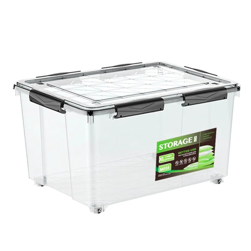 쌓을 수 있는 대형 투명 보관함, 뚜껑 포함, 55L, 68L, 80L 시스루 플라스틱 보관함, 걸쇠 뚜껑 포함, 분리형 바퀴