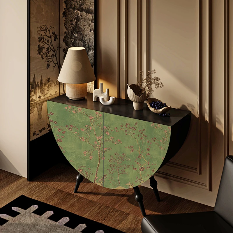 

French flower entrance cabinet, living room by the wall, green semicircular solid wood storage locker