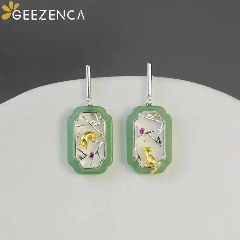 GEEZENCA Natural White Jade Green Aventurine 925 Silver Window Cat Dangle Earrings For Women Ethnic Chic Earring 2024 New Gift
