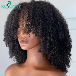 Afro Kinky Krullend Pruik Met Pony Full Machine Gemaakt Scalp Top Pruik 200 Dichtheid Brazilian Short Curly Bang Pruik Menselijk Haar Xcsunny