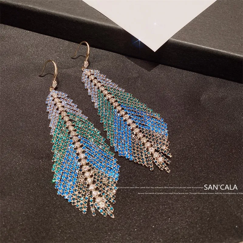 

S2994 Dazzling Colorful Blue Feather Zircon Grab Chain Long Tassel Dangle Earrings Geometric Exaggerated Earrings