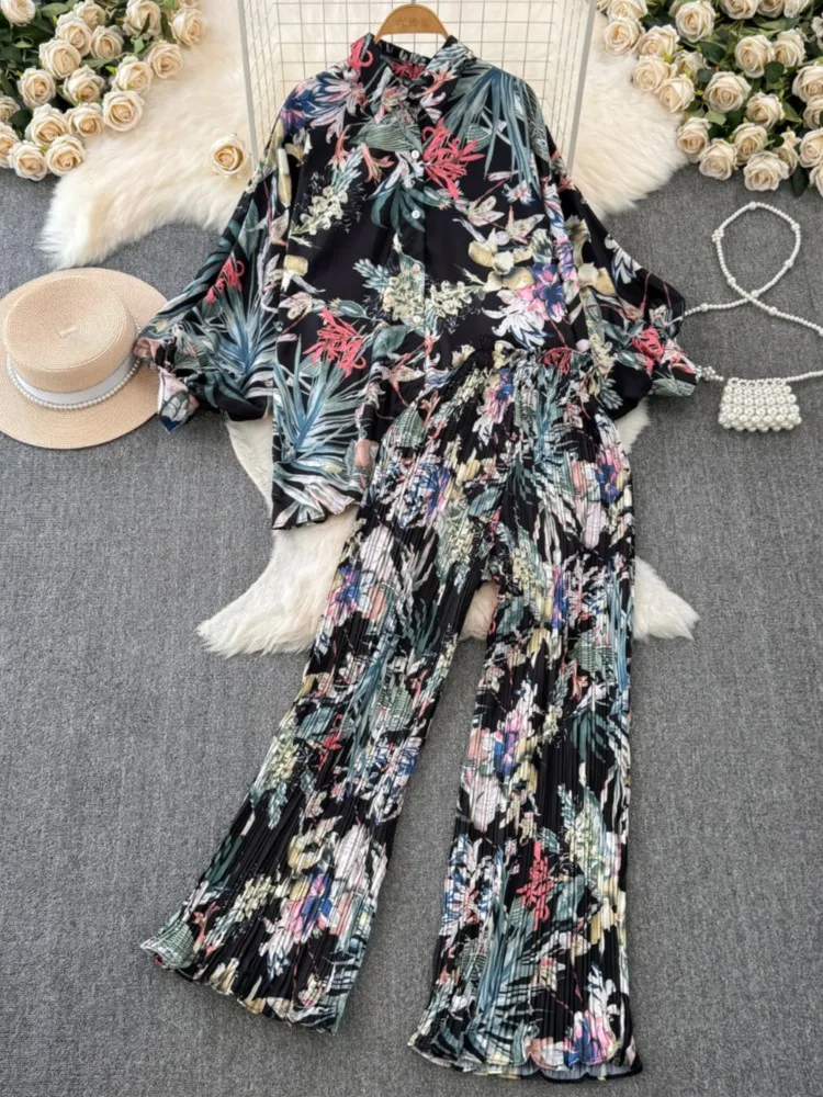 Women Vintage Casual Elegant 2 Pieces Set Lantern Sleeve Loose Print Shirt Tops + High Waist Wide Leg Pants Suit Female Clothes