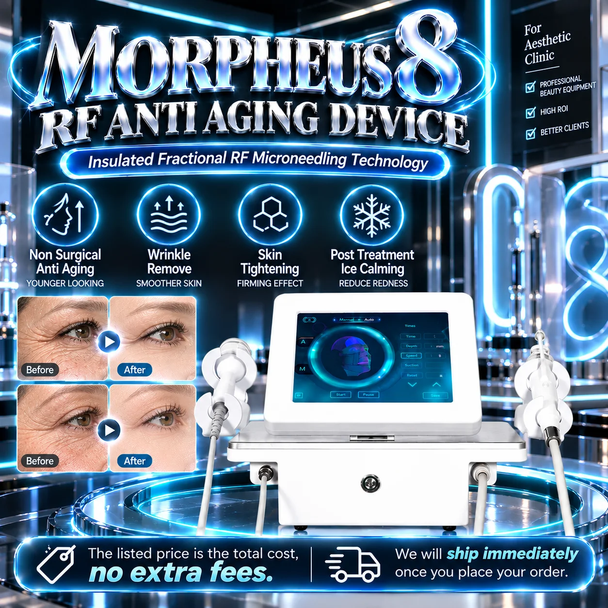 Morpheus 8 RF Microneedling-Gerät, tragbares fraktioniertes Radiofrequenz-Hautstraffungs- und Anti-Aging-Gesichtsbehandlungsgerät mit austauschbaren 10-, 25- und 64-Pin-Kartuschen für den Einsatz in