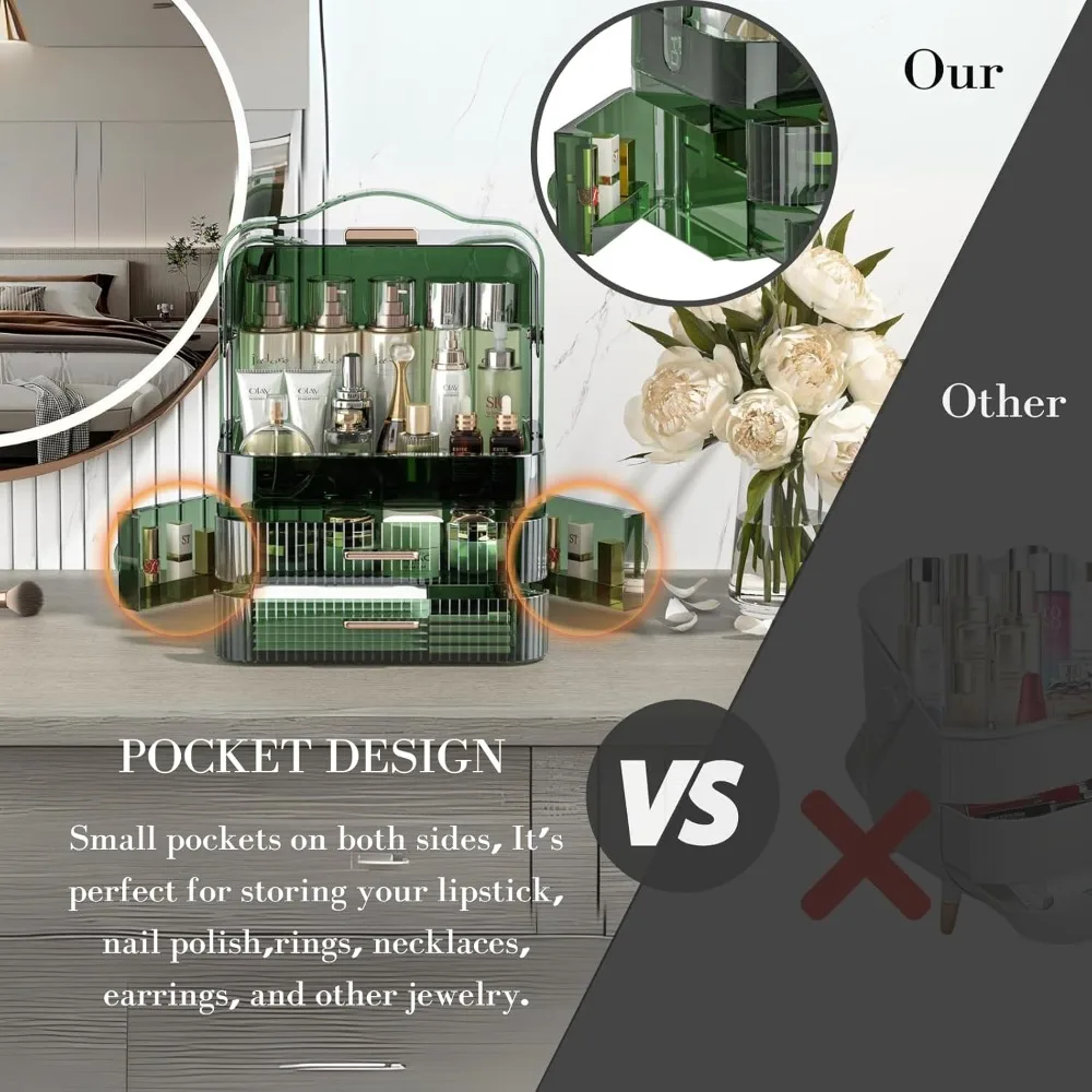 LINFIDITE Cosmetics Storage Box Transparent Lid Large Makeup Organizer Box Drawers Portable Handle Waterproof Dustproof