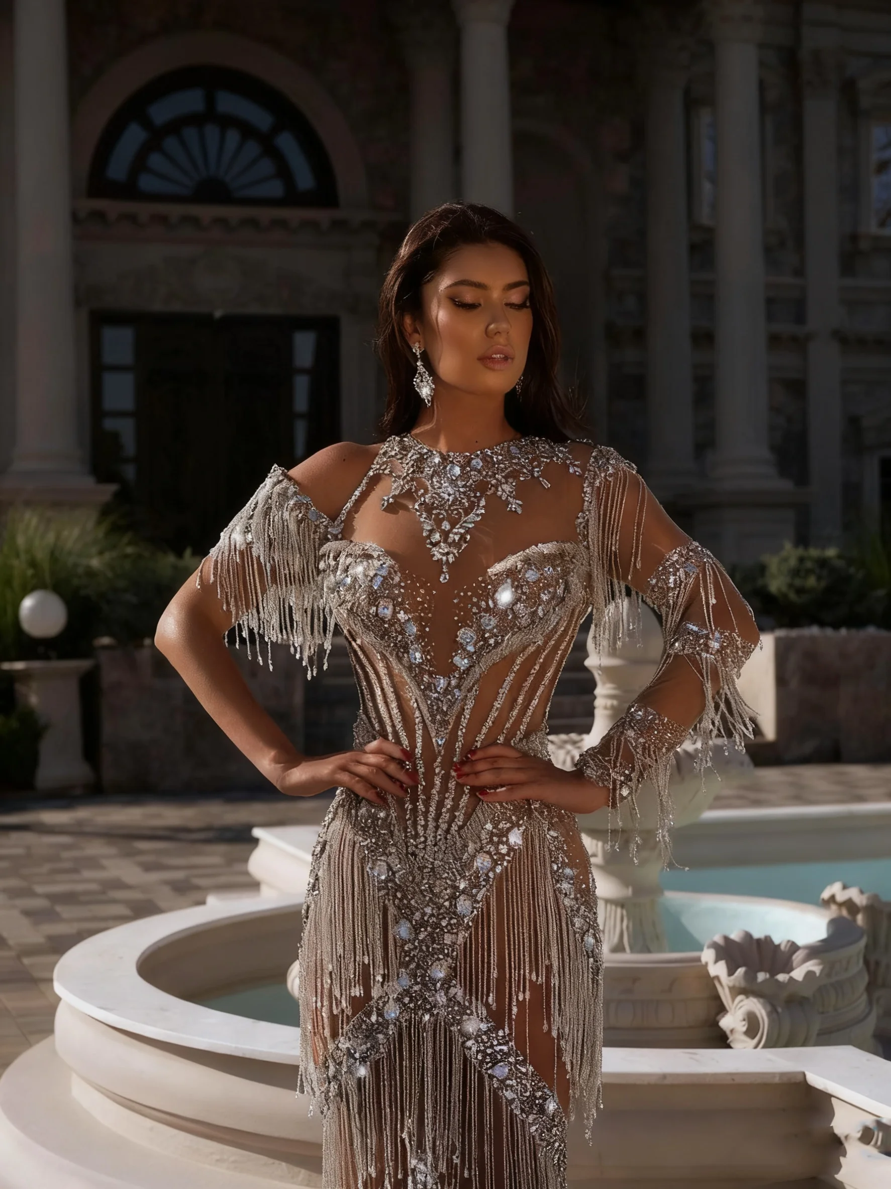 Sexy High Neck Crystal Prom Dresses Sparkly Rhinestones Evening Tassels Dress Customized Floor Length Sequined Cocktail Gown