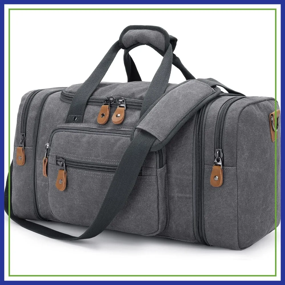 

60L Canvas Duffle Bag for Travel, Overnight Weekend Bag (Gray)