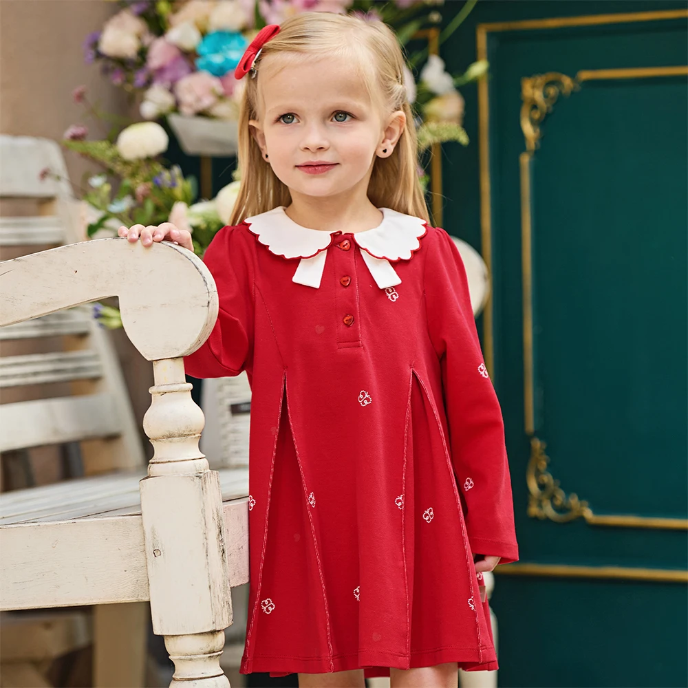 Dave Bella Elegant Dress For Girls Spring Children Princess Dresses Red Polo Skirt Outdoor College Style Kids Clothing DB1260907