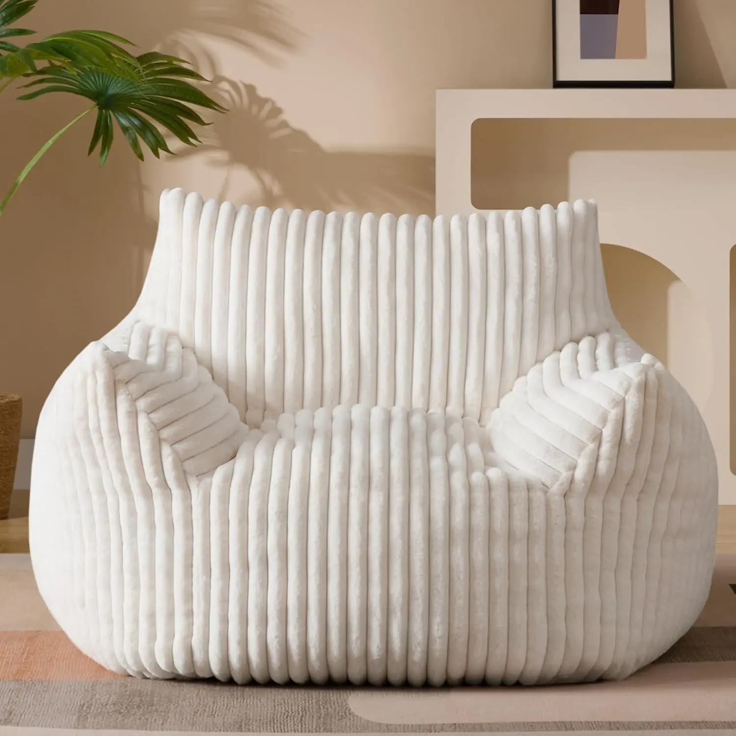 

Giant Plush Bean Bag Chair for Adults with Armrests - Oversized Comfy Beige Beanbag Lounge Lazy Floor Sofa Accent Chair