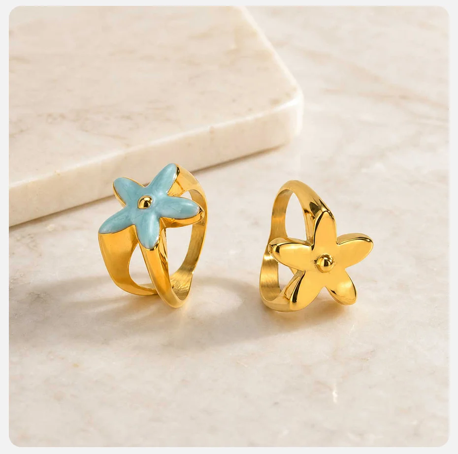 Vnox Klassischer Emaille-Ring mit Blauer Blume für Damen, Trendiger 18K Vergoldeter Blumen-Fingerring, Zierlicher Statement-Schmuck – Detail 5