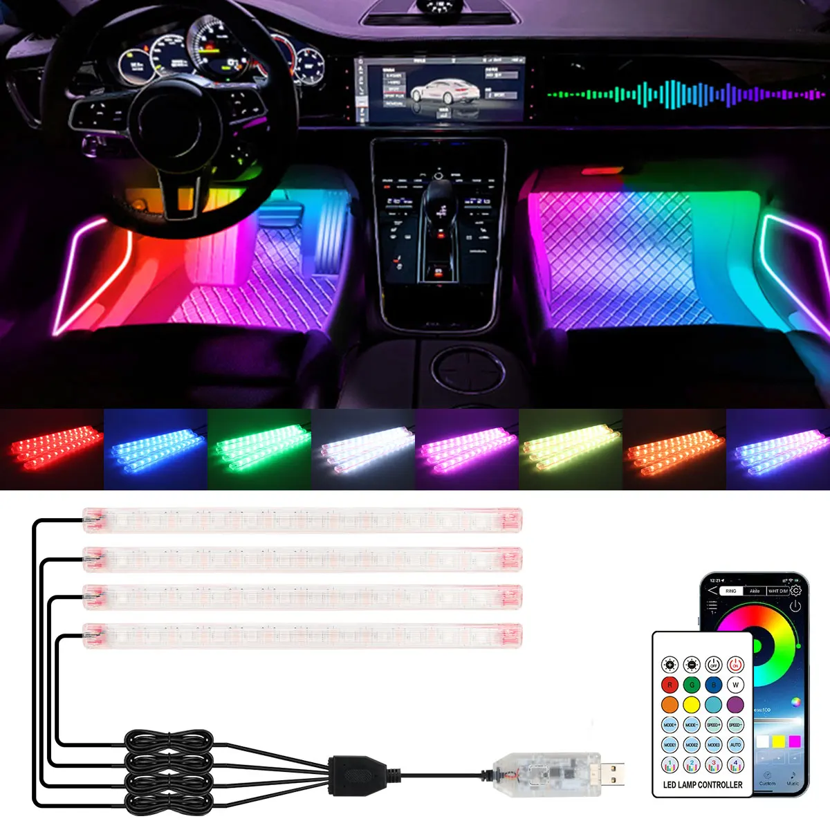 2/4in1 12/18 LED RGB Rainbow Atmosphere Decorative Lamp Wireless Remote USB APP Control Neon Car Interior Ambient Foot Light