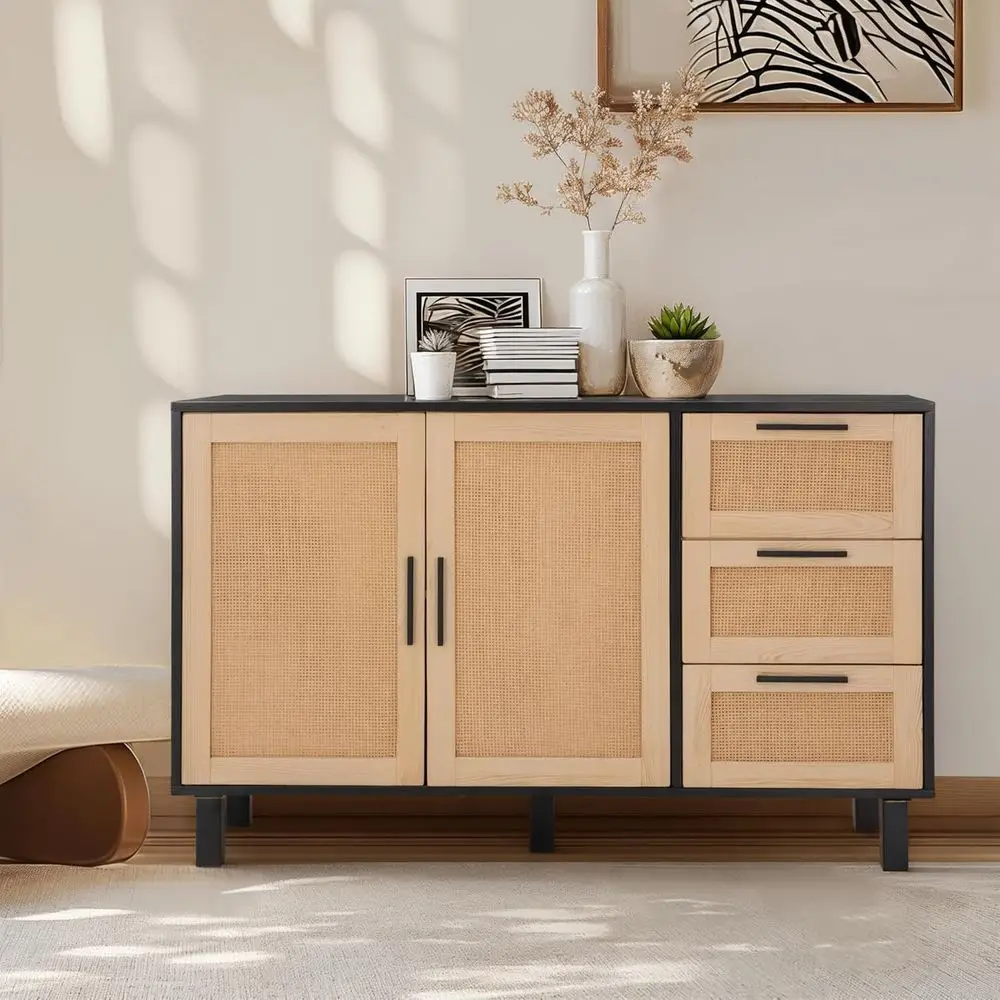 

Rattan Sideboard Cabinet with Drawers and Doors, Black