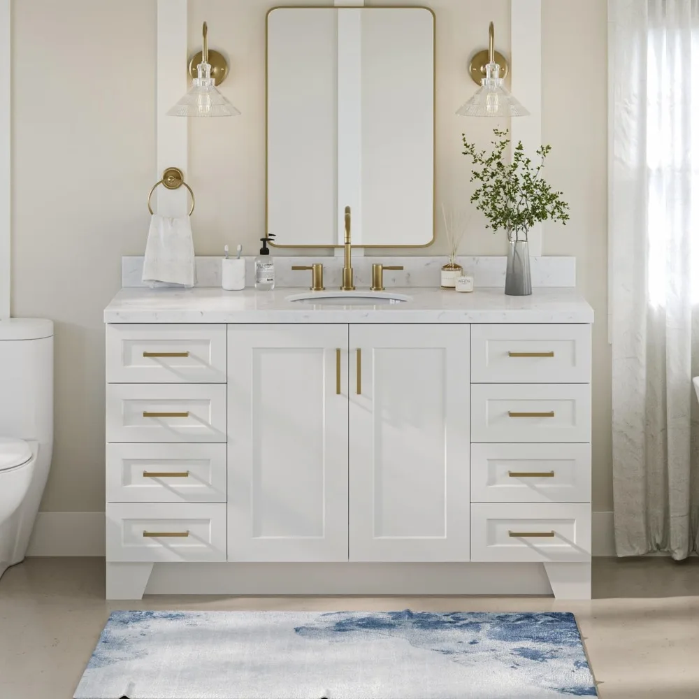 

60 inch white bathroom vanity, 1.5-inch edge karaoke quartz countertop, oval sink, 2 soft closing doors,9 fully extended drawers