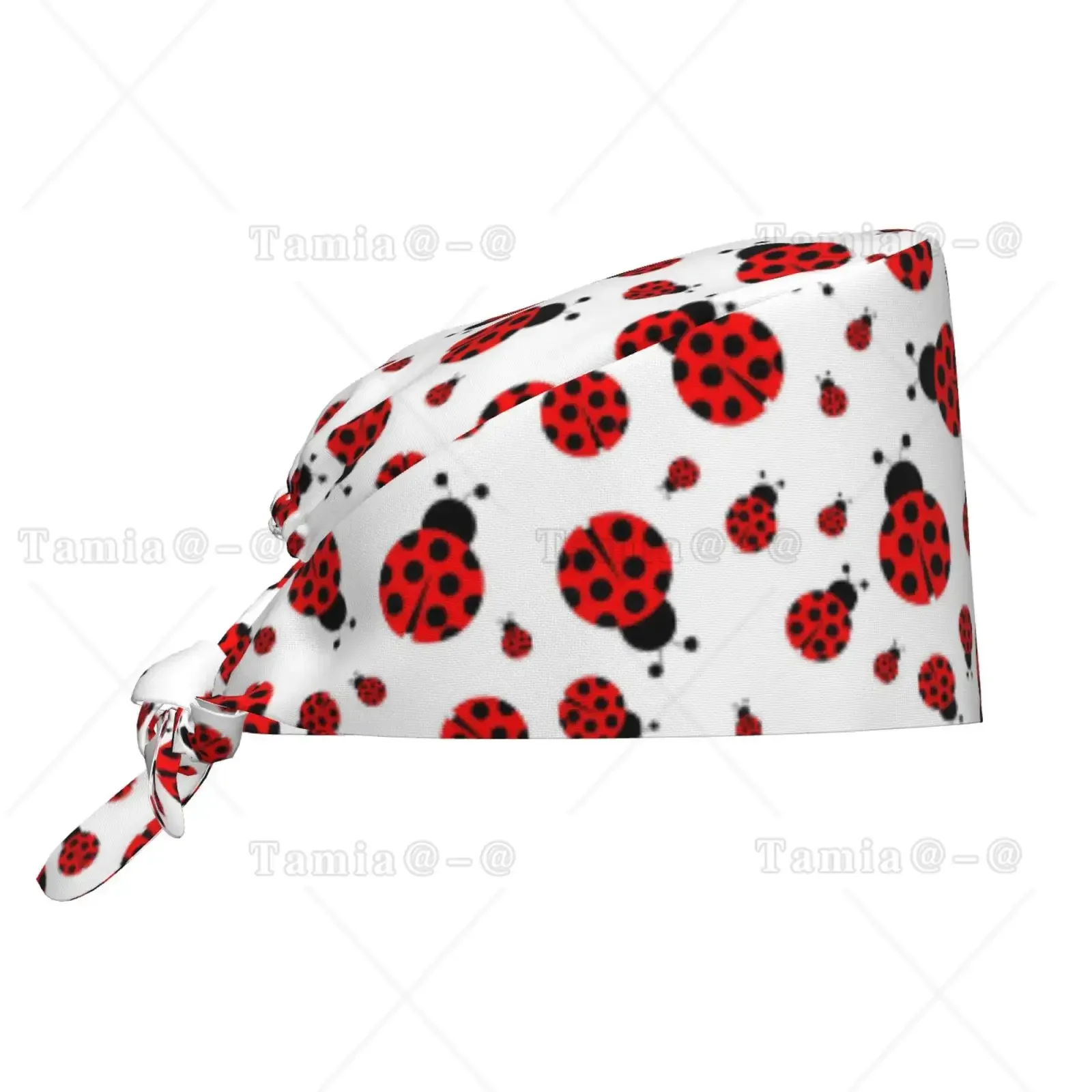 Cartoon Ladybug Print Work Hat with Sweatband Adjustable for Both Men and Women Women's Lace Up Back Hat Nurse's Hat