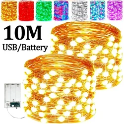 Cordas de iluminação LED impermeáveis, bateria USB, fio de cobre, guirlanda, luz de fadas, Natal, decoração do casamento, lâmpadas ao ar livre, 2 m, 10m