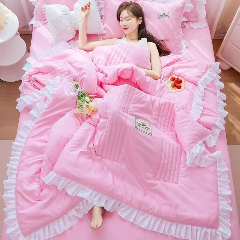 Korean Princess Ruffle Embroidery Bedding 4‑Pcs Set Soft Summer Air‑conditioning Quilt Bed Sheet 2 Pillowcases Home Bed Decor