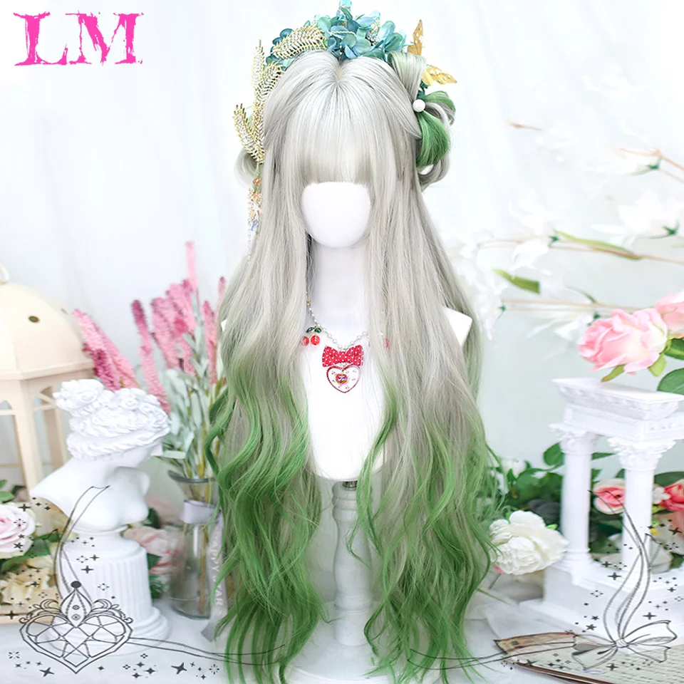 LM Silver White Gradient Green Synthetic Wigs With Bangs for Women Long Wavy Hair Wig Natural Cosplay Party Heat Resistant