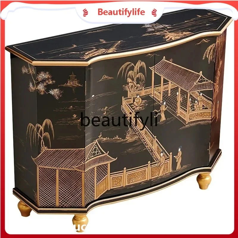 TTT New Chinese black gold-painted French medieval painted figure villa high-end entry solid wood entrance foyer decorative cab