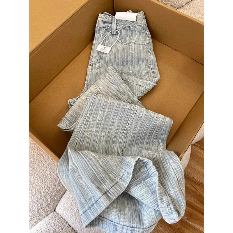 Large Size Light Color Jacquard Jeans for Women Summer Designed Loose High Waist Flared Pant Elegant Commute Long Trousers