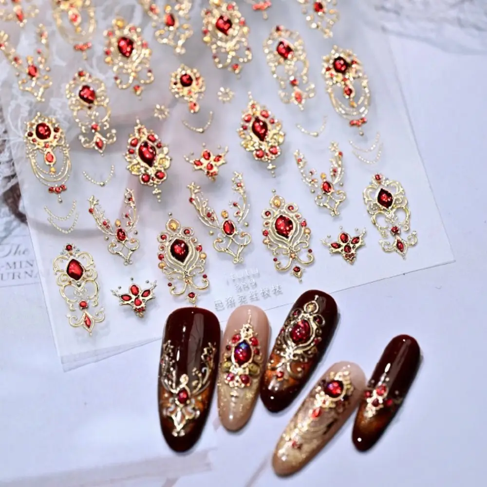 Luxurious Design 5D Nail Stickers Shiny Finish Gold Scepter Imitation Gemstone Nail Red Green Gemstone Emerald Ruby Color