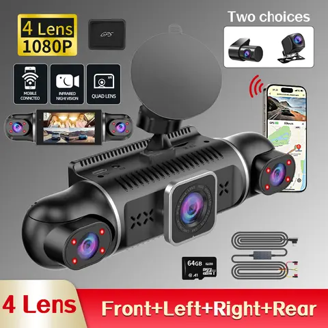 무료 64GB 360도 자동차 DVR 대시 캠 WiFi GPS 24h 주차 모니터 4 렌즈 * HD 1080P 비디오 레코더 APP 제어 하드 유선 도구