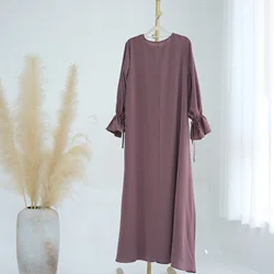 Flare Sleeve Solid Color Women Dress Ankle-length Muslim Dress O-Neck Dubai Abaya Long Robe Kaftan Casual Abayas Ramadan Morocco