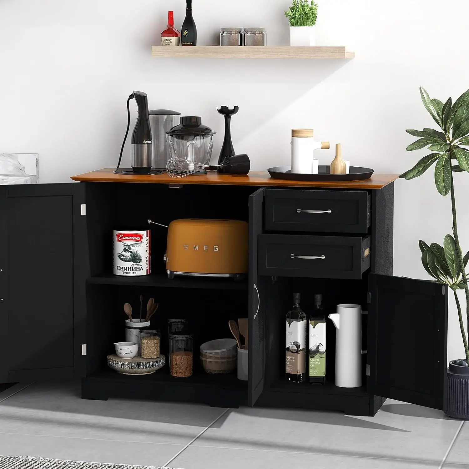 Buffet Cabinet with Storage, Farmhouse Sideboard Storage Cabinet with 3 Doors, 2 Drawers & Adjustable Shelf, Console Table