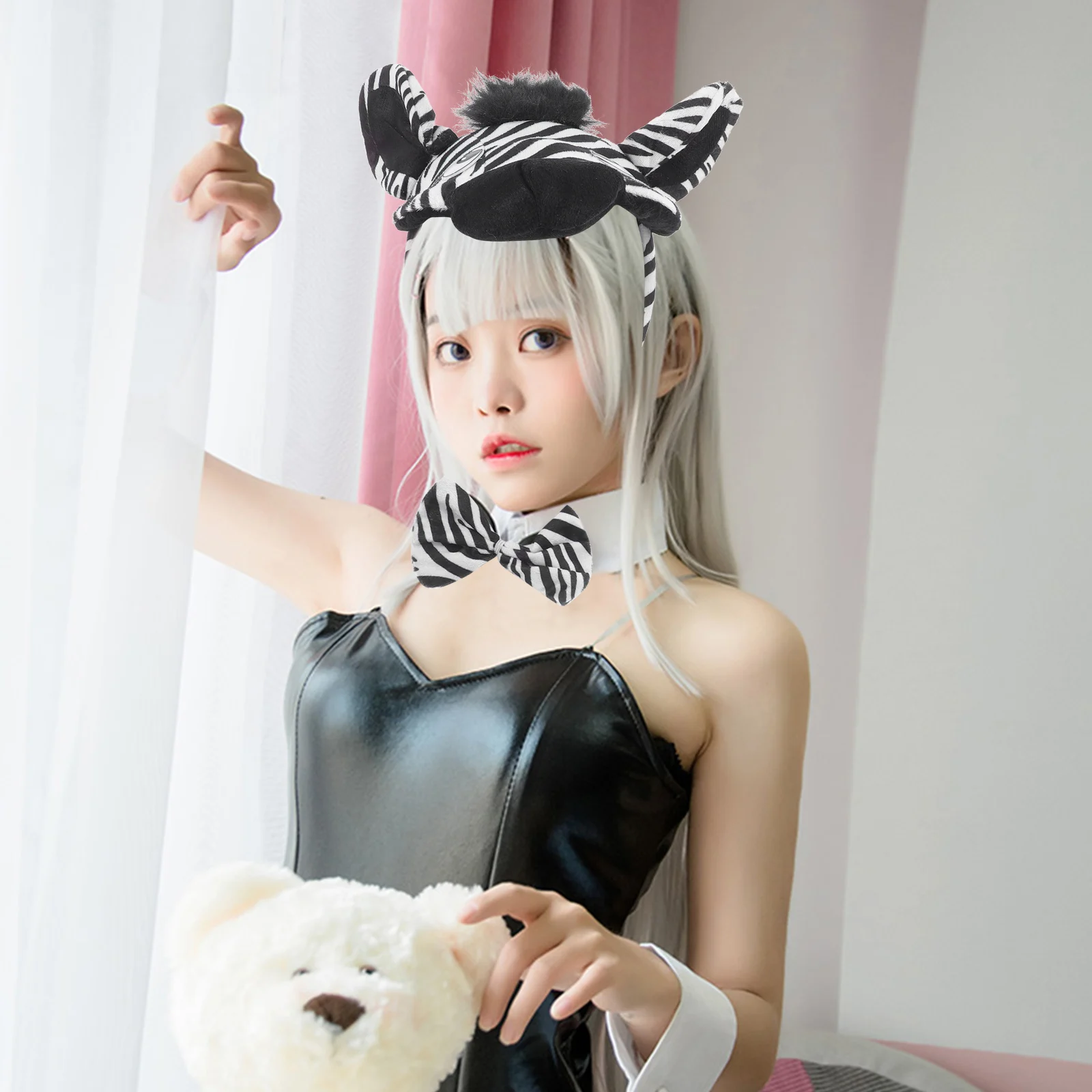 1 zestaw Kostium Zebry Opaska Uszy Ogon Muszka Przebranie Zwierzęcia Impreza Karnawał Halloween Cosplay Kostium na Występ