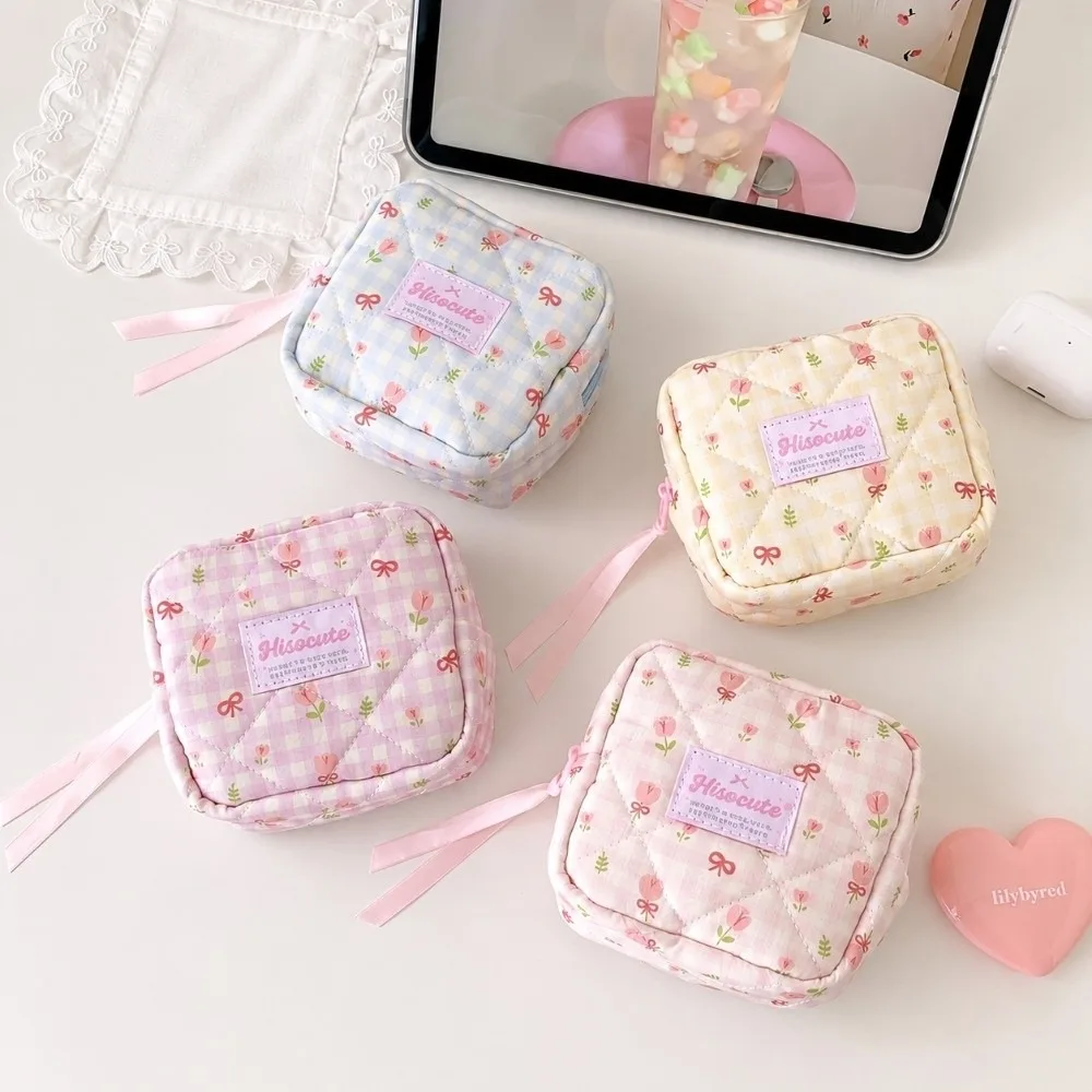 New Quilted Square Cosmetic Bag Ribbon Bow Decor Floral Print Plaid Makeup Pouch Portable Zipper Closure Storage Bag Daily Use