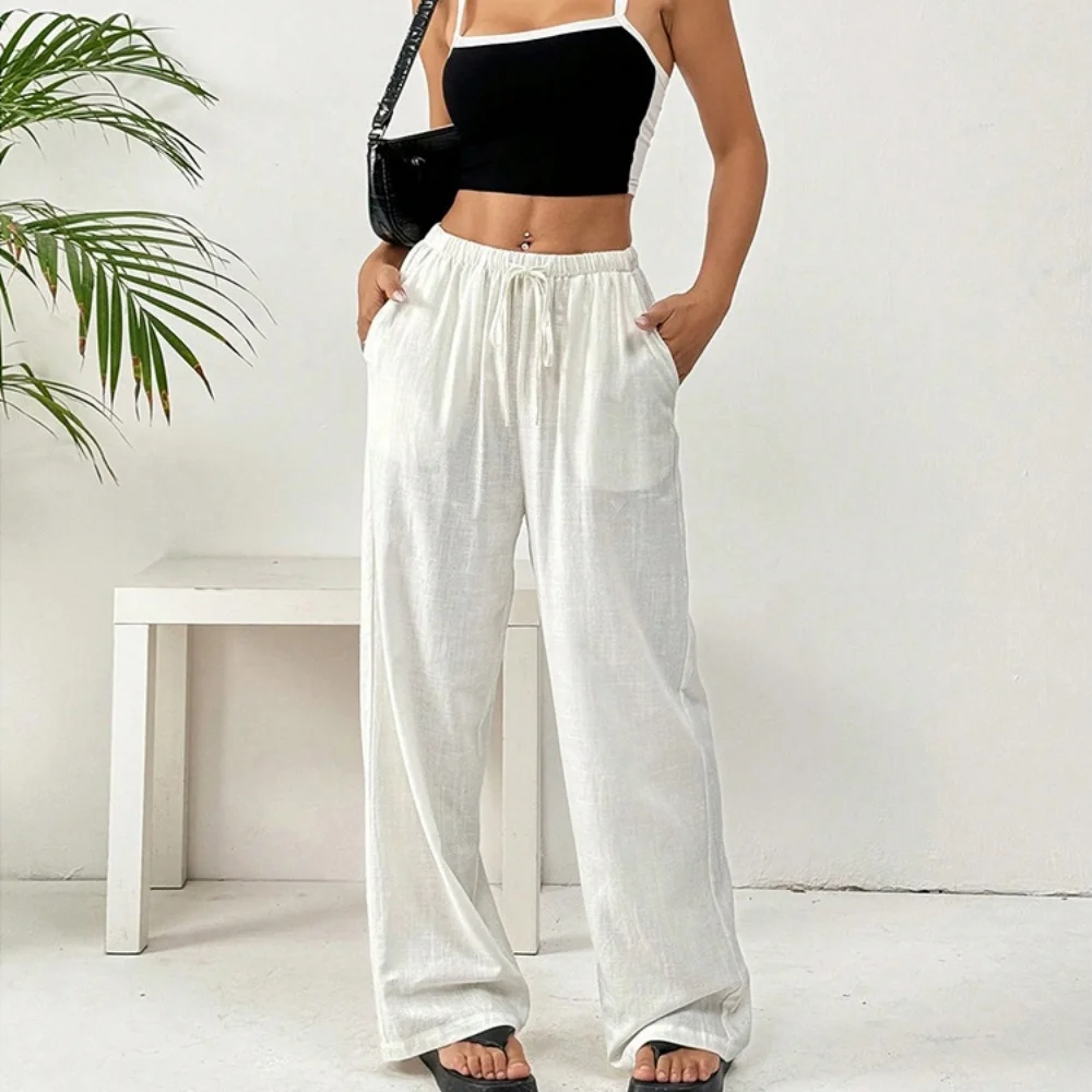 Elegant Women Casual Pants 2026 Summer Trousers Female Harajuku Wide Leg Baggy Loose Elastic Waist Jogger White Pants Clothing